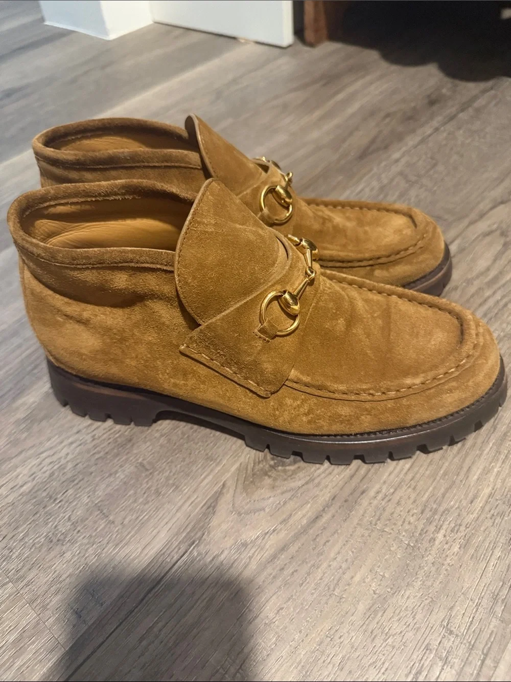 Gucci Men's Suede Loafers in Brown with Gold Bit